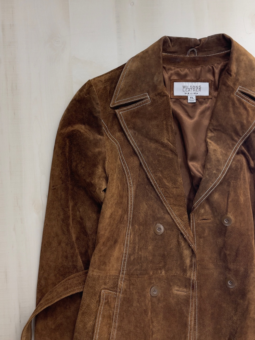 rare y2k WILSONS LEATHER maxima long brown suede leather jacket coat xl belted - Picture 7 of 8